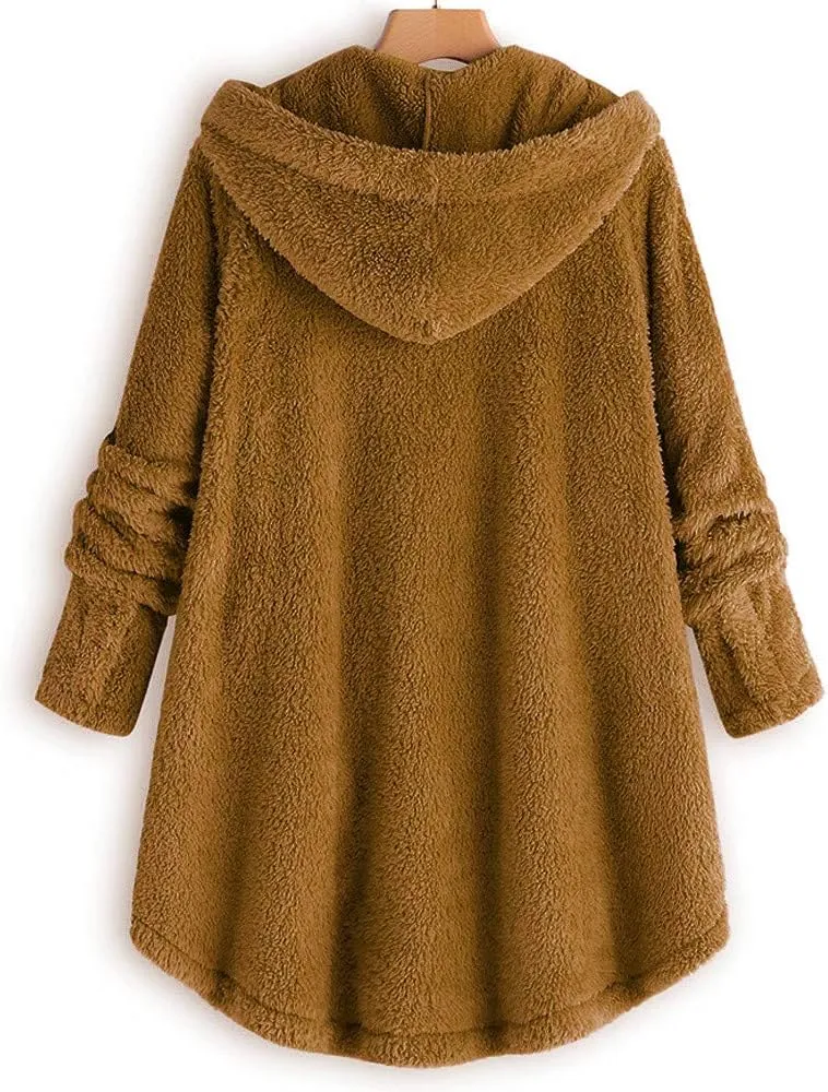 Sherpa Jacket Women Fuzzy Fleece Button Down Long Sleeve Casual Plush Cardigans Jacket Open Front Soft Hooded Coat
