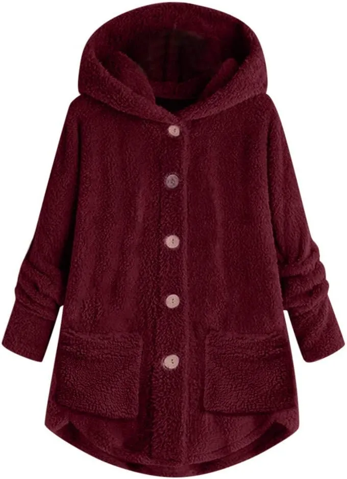 Sherpa Jacket Women Fuzzy Fleece Button Down Long Sleeve Casual Plush Cardigans Jacket Open Front Soft Hooded Coat