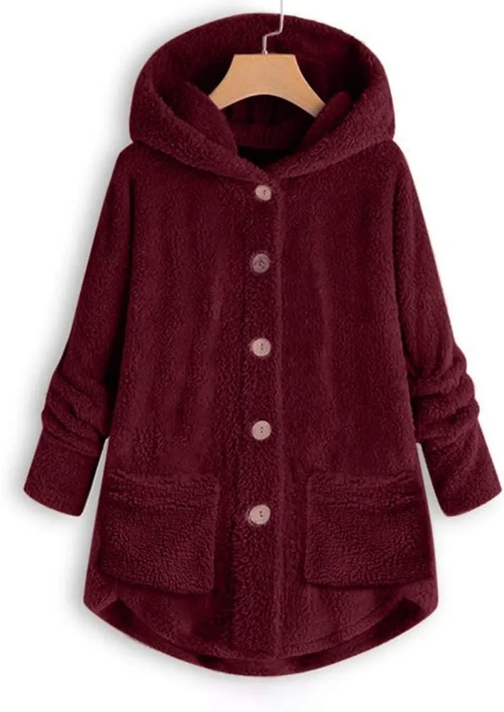 Sherpa Jacket Women Fuzzy Fleece Button Down Long Sleeve Casual Plush Cardigans Jacket Open Front Soft Hooded Coat