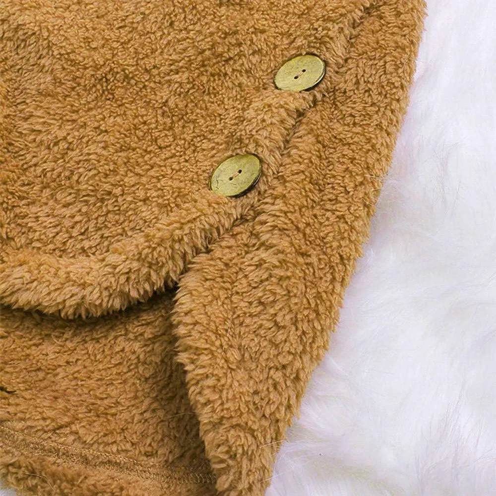 Sherpa Jacket Women Fuzzy Fleece Button Down Long Sleeve Casual Plush Cardigans Jacket Open Front Soft Hooded Coat