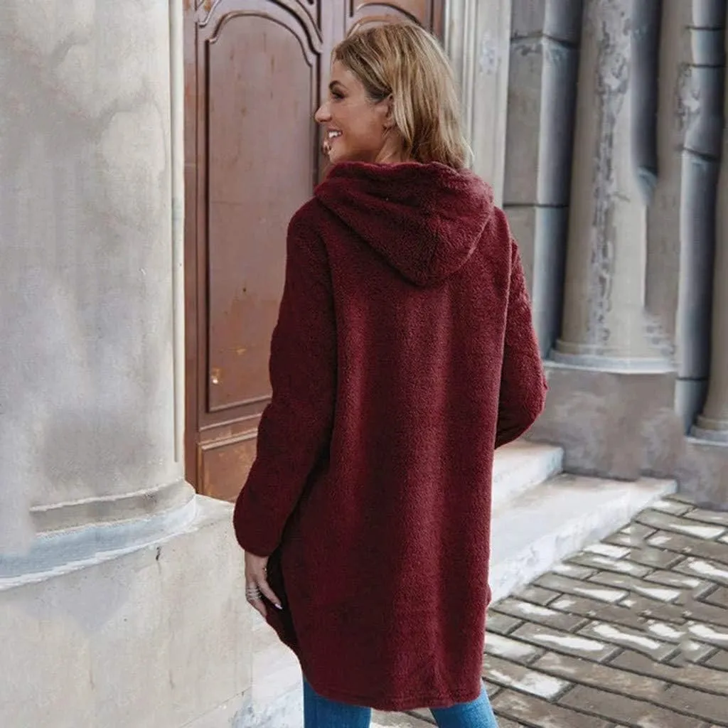 Sherpa Jacket Women Fuzzy Fleece Button Down Long Sleeve Casual Plush Cardigans Jacket Open Front Soft Hooded Coat
