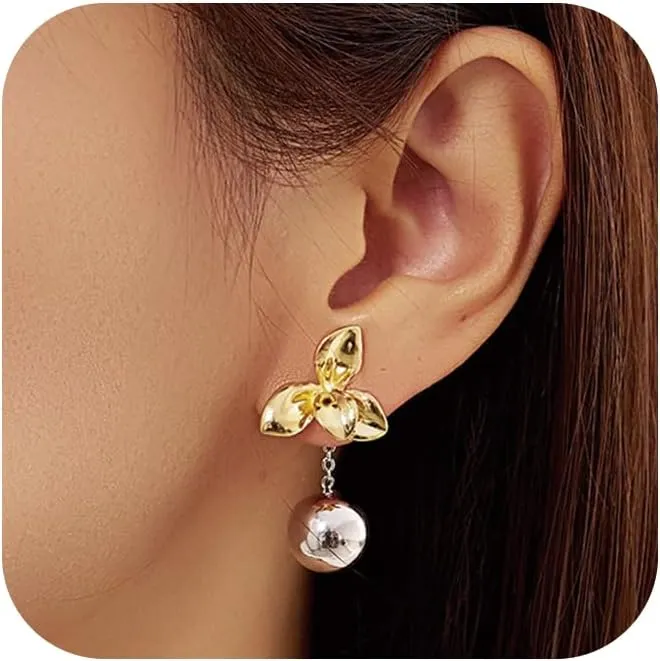 Silver Ball Drop Dangle Earrings for Women Statement Earring Trendy, Hypoallergenic Lightweight Gold Silver Front Back Leaf Earrings Jewelry Gifts for Women