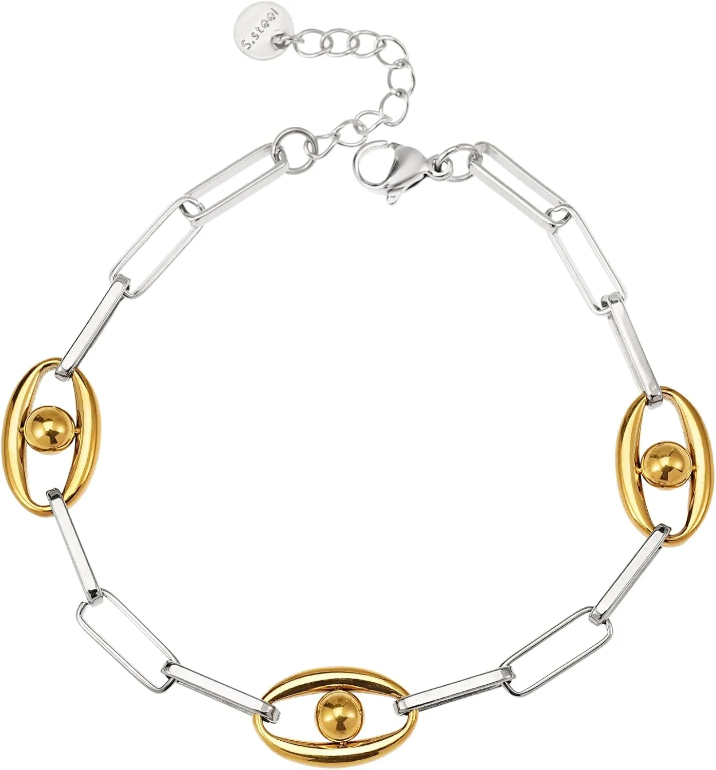 Silver Paperclip Chain Bracelet for Women Stainless Steel Chunky Gold Evil Eye Link Chain Adjustable Dual-Tone Bracelet Non Tarnish Trendy Jewelry for Women