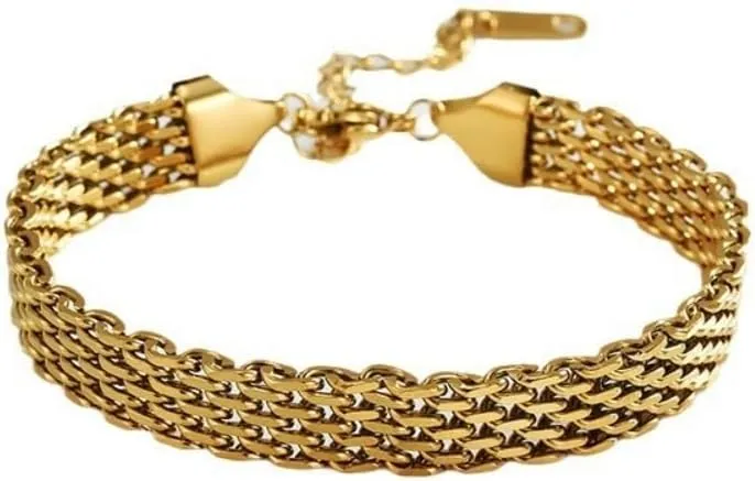 Simple Chunky Chain Gold Adjustable Bracelet Waterproof Mesh & Bangle Bracelets Lightweight Trendy Chain Bracelet 8mm Mesh Link Chain for Women