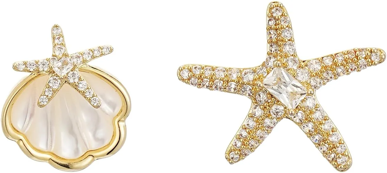 SIXFOX Starfish Earrings For Women Trendy 14K Gold Plated Seashell Statement Stud Earrings CZ Sea Shell Earring Beach Jewelry Gifts For Her