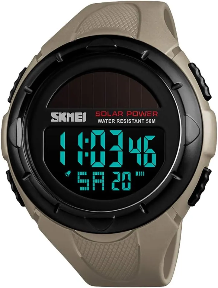 SKMEI Men's Solar Digital Sports Watch, 50M Waterproof Military Outdoor Watches Black Large Face with Stopwatch Alarm Shock Resistant LED