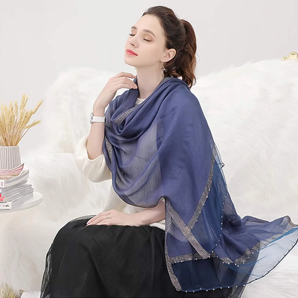 Spring New Silk Scarf Chiffon Scarf Women Solid Color Bead Scarf Silk Stitching Tulle Design Sun Protection Shawl