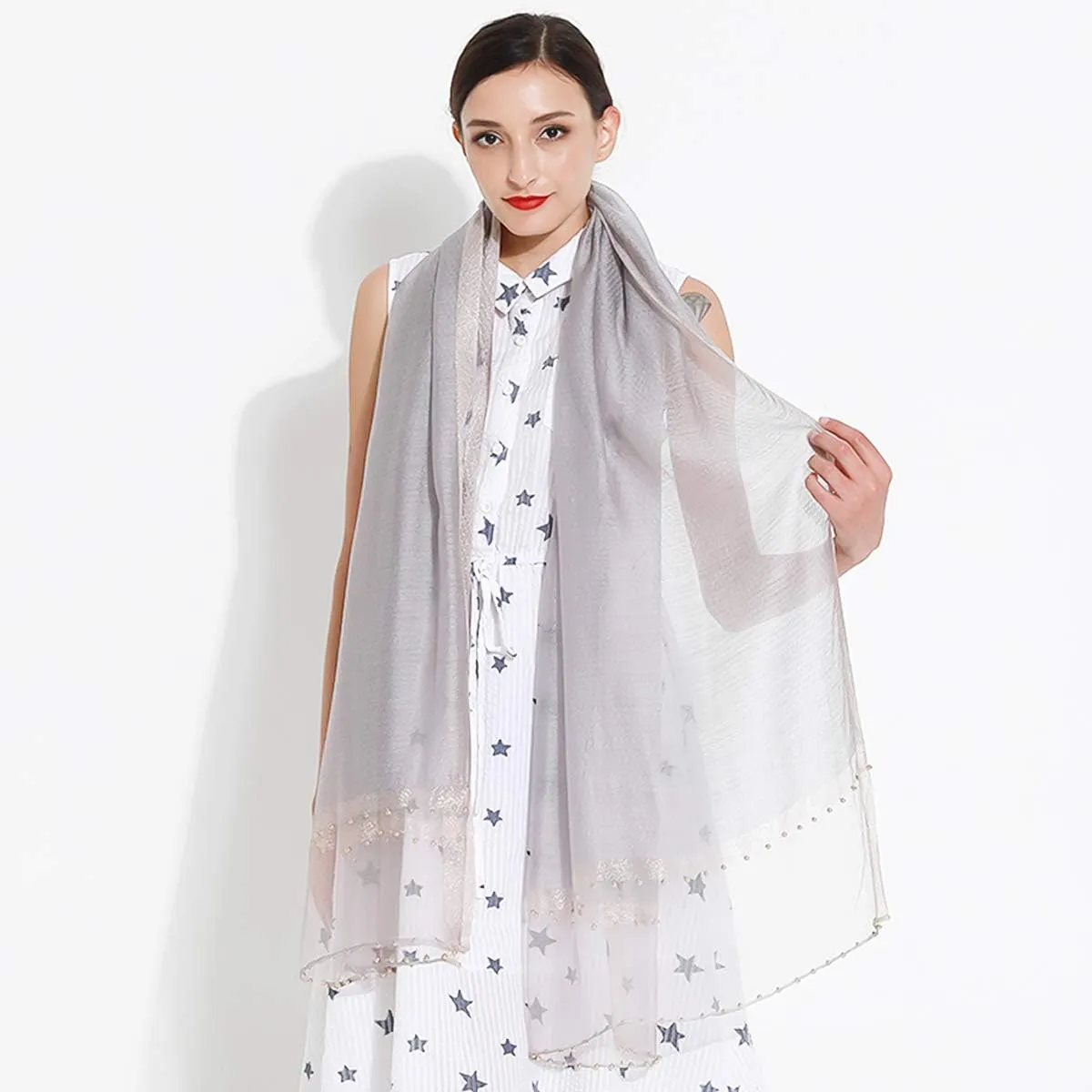 Spring New Silk Scarf Chiffon Scarf Women Solid Color Bead Scarf Silk Stitching Tulle Design Sun Protection Shawl
