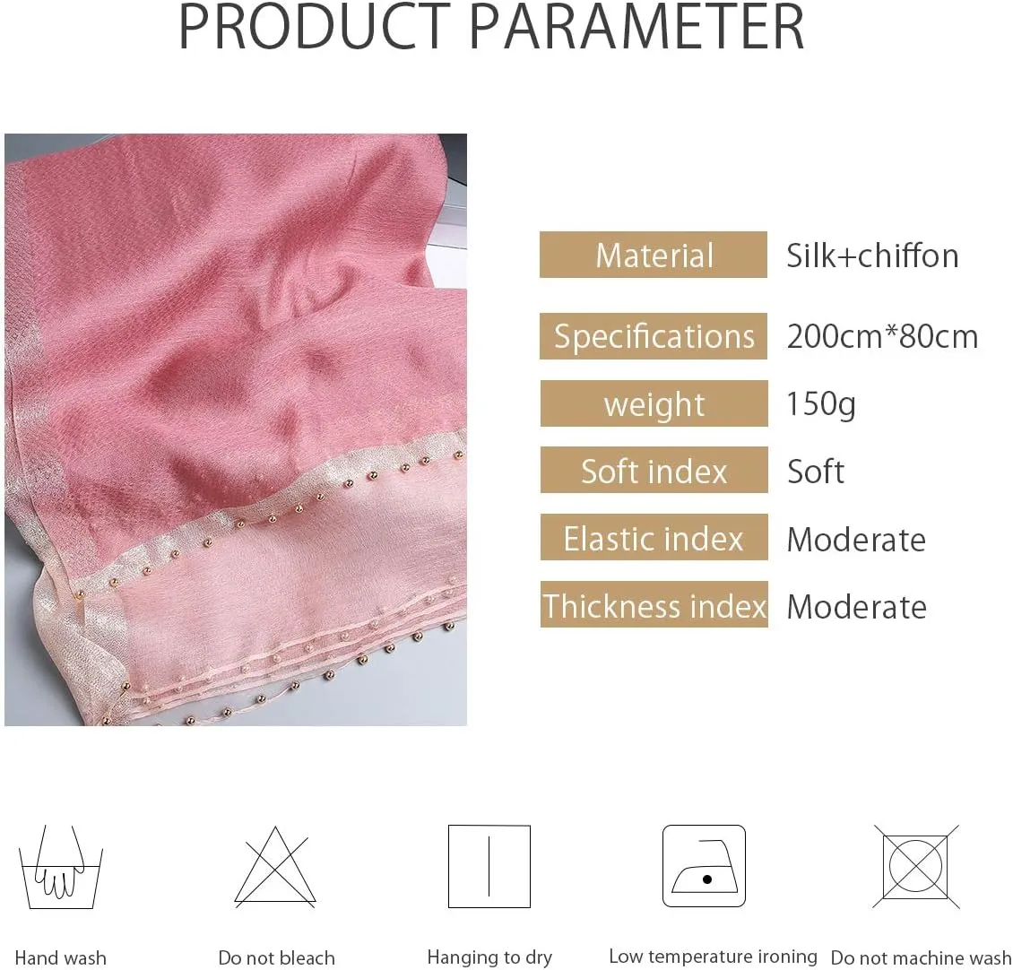 Spring New Silk Scarf Chiffon Scarf Women Solid Color Bead Scarf Silk Stitching Tulle Design Sun Protection Shawl