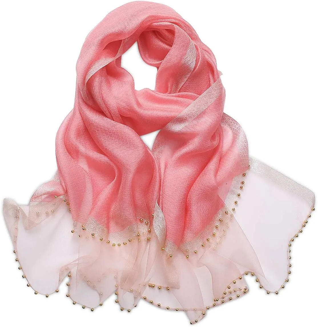 Spring New Silk Scarf Chiffon Scarf Women Solid Color Bead Scarf Silk Stitching Tulle Design Sun Protection Shawl