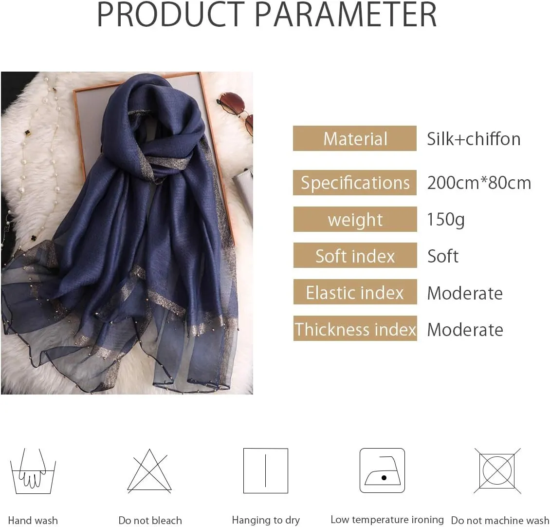 Spring New Silk Scarf Chiffon Scarf Women Solid Color Bead Scarf Silk Stitching Tulle Design Sun Protection Shawl