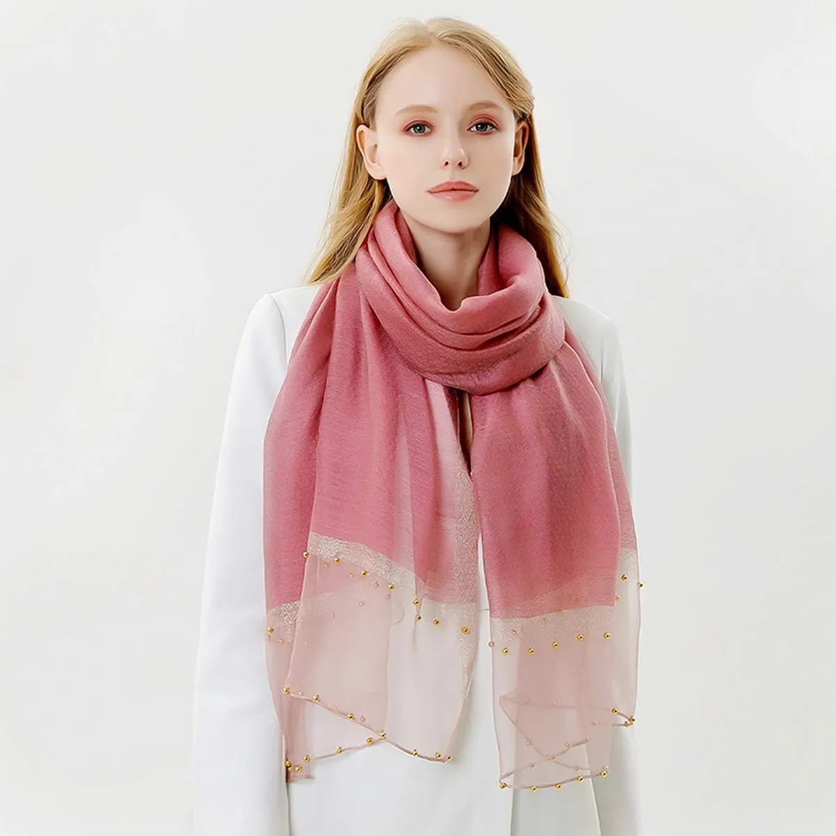 Spring New Silk Scarf Chiffon Scarf Women Solid Color Bead Scarf Silk Stitching Tulle Design Sun Protection Shawl