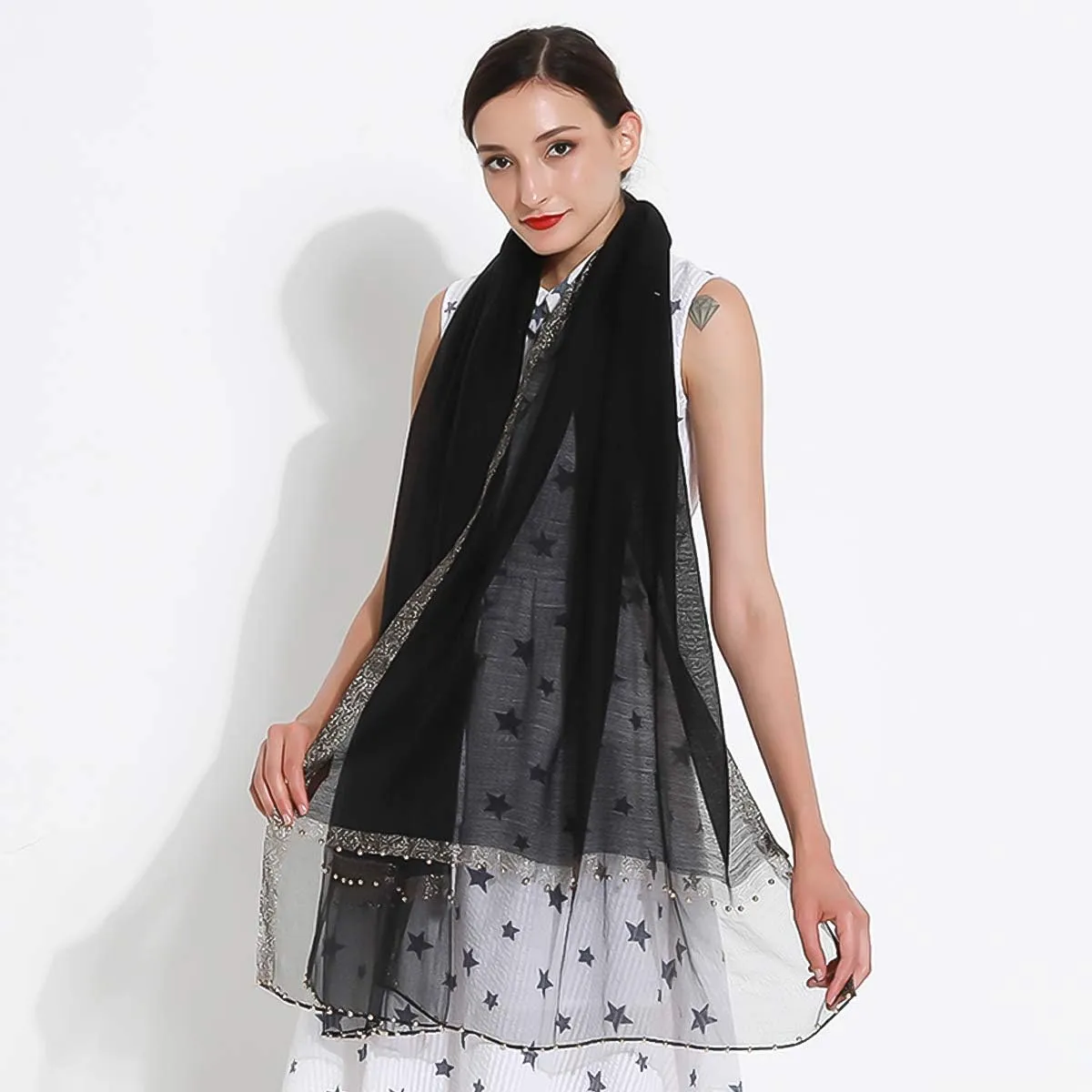 Spring New Silk Scarf Chiffon Scarf Women Solid Color Bead Scarf Silk Stitching Tulle Design Sun Protection Shawl