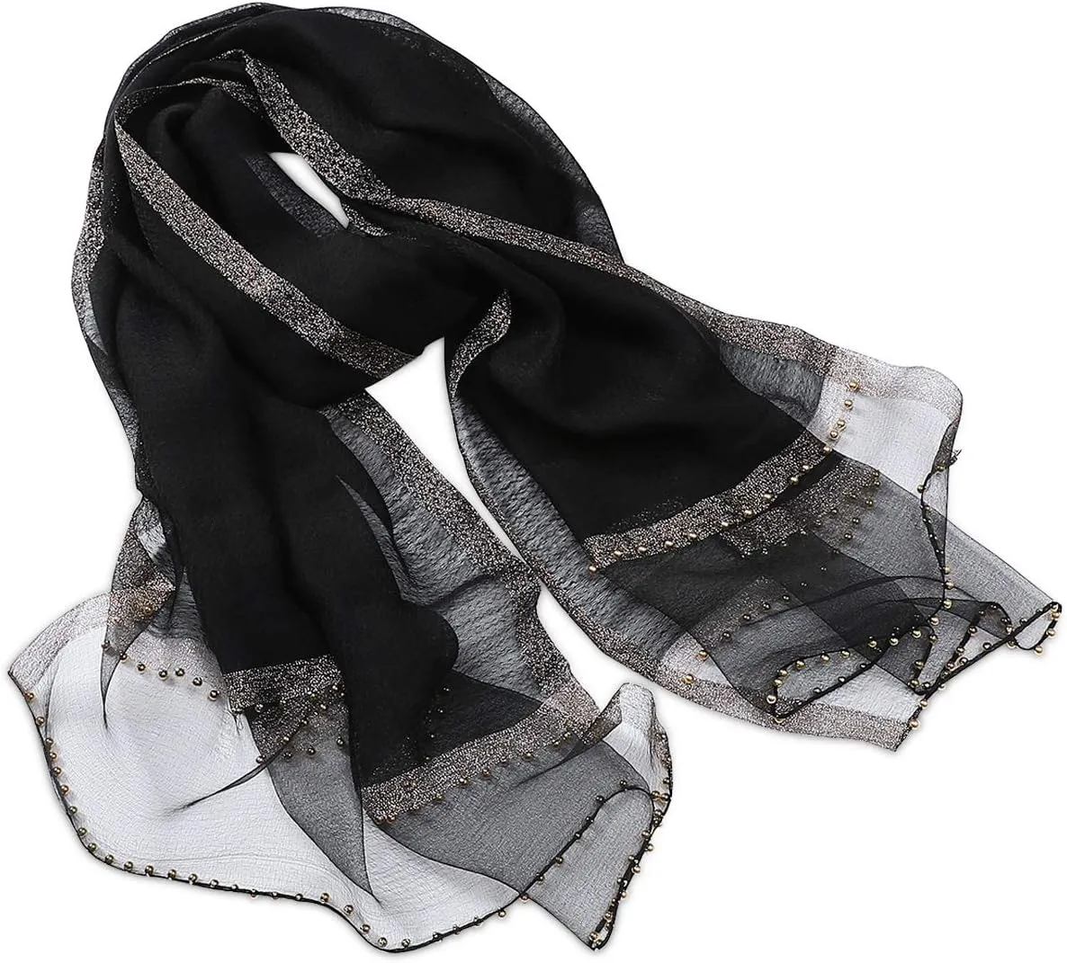 Spring New Silk Scarf Chiffon Scarf Women Solid Color Bead Scarf Silk Stitching Tulle Design Sun Protection Shawl