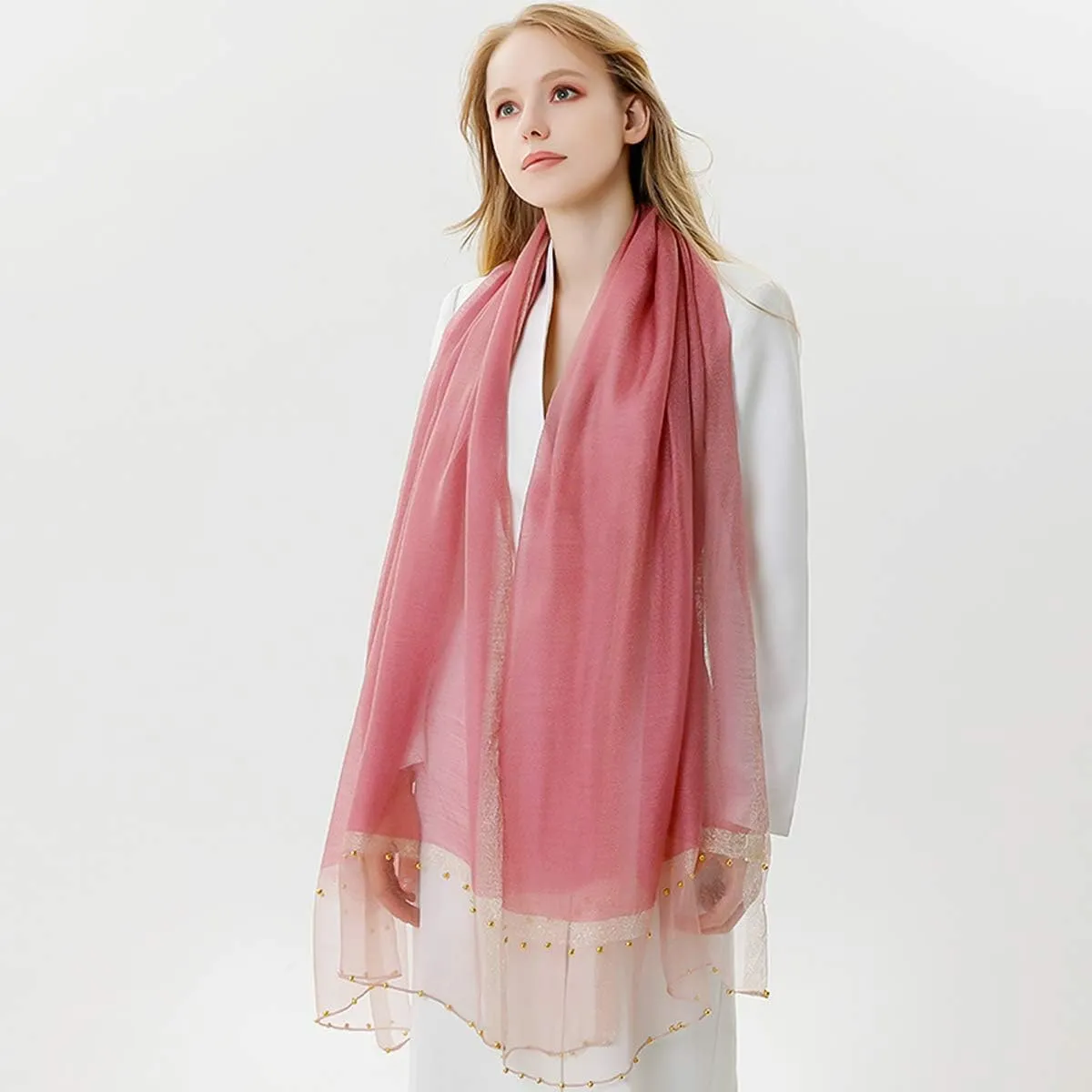 Spring New Silk Scarf Chiffon Scarf Women Solid Color Bead Scarf Silk Stitching Tulle Design Sun Protection Shawl