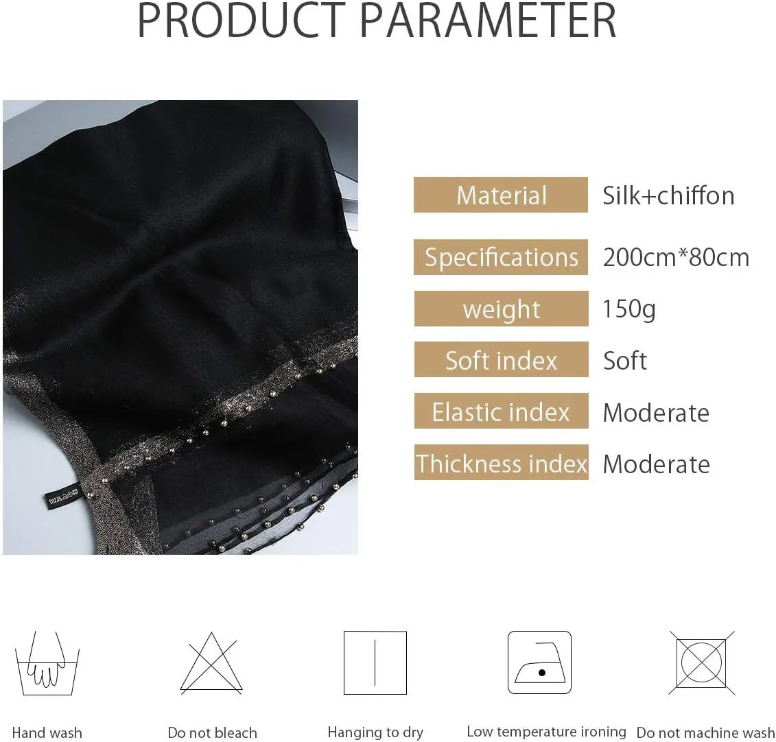 Spring New Silk Scarf Chiffon Scarf Women Solid Color Bead Scarf Silk Stitching Tulle Design Sun Protection Shawl