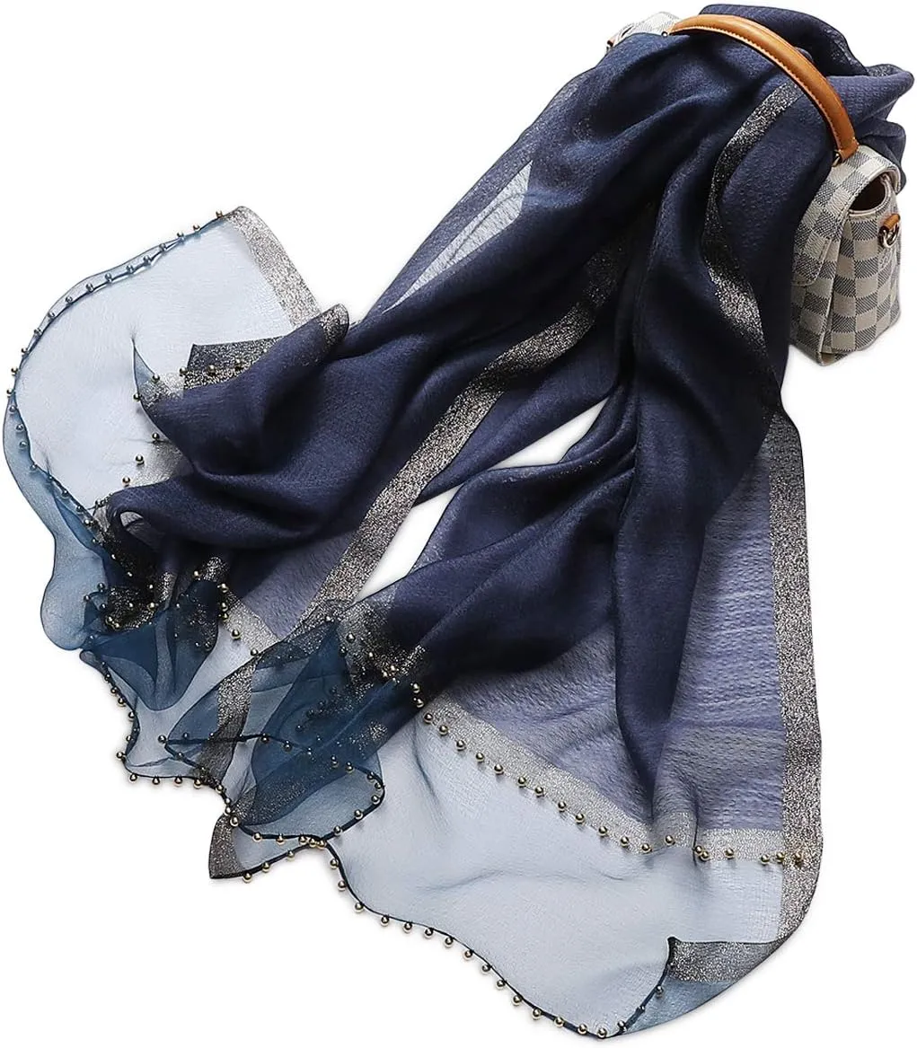 Spring New Silk Scarf Chiffon Scarf Women Solid Color Bead Scarf Silk Stitching Tulle Design Sun Protection Shawl