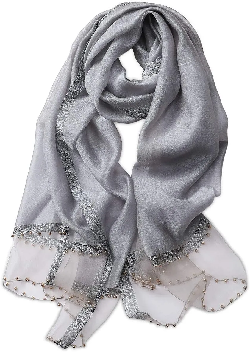 Spring New Silk Scarf Chiffon Scarf Women Solid Color Bead Scarf Silk Stitching Tulle Design Sun Protection Shawl