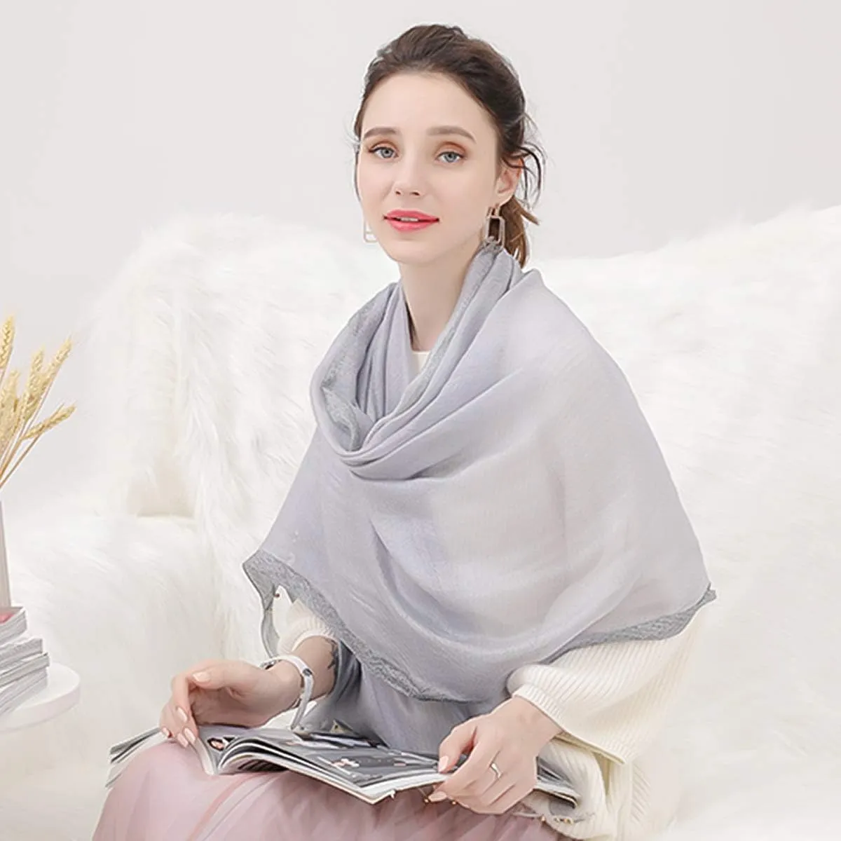 Spring New Silk Scarf Chiffon Scarf Women Solid Color Bead Scarf Silk Stitching Tulle Design Sun Protection Shawl