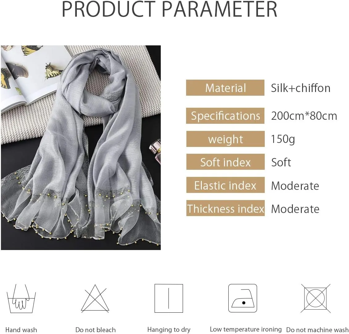 Spring New Silk Scarf Chiffon Scarf Women Solid Color Bead Scarf Silk Stitching Tulle Design Sun Protection Shawl