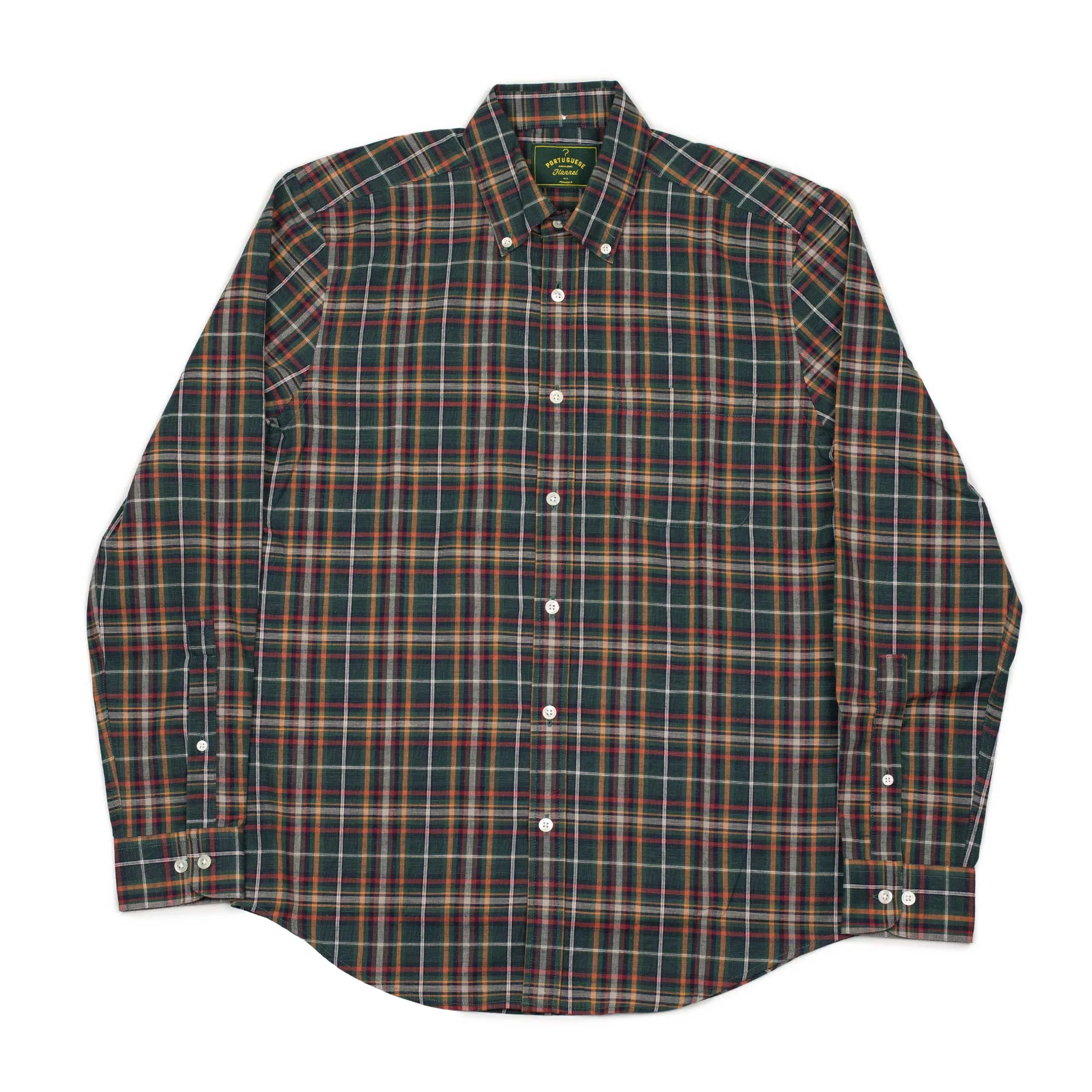 Spring Plaid buttoned collar shirt green, navy, and orange cotton plaid
