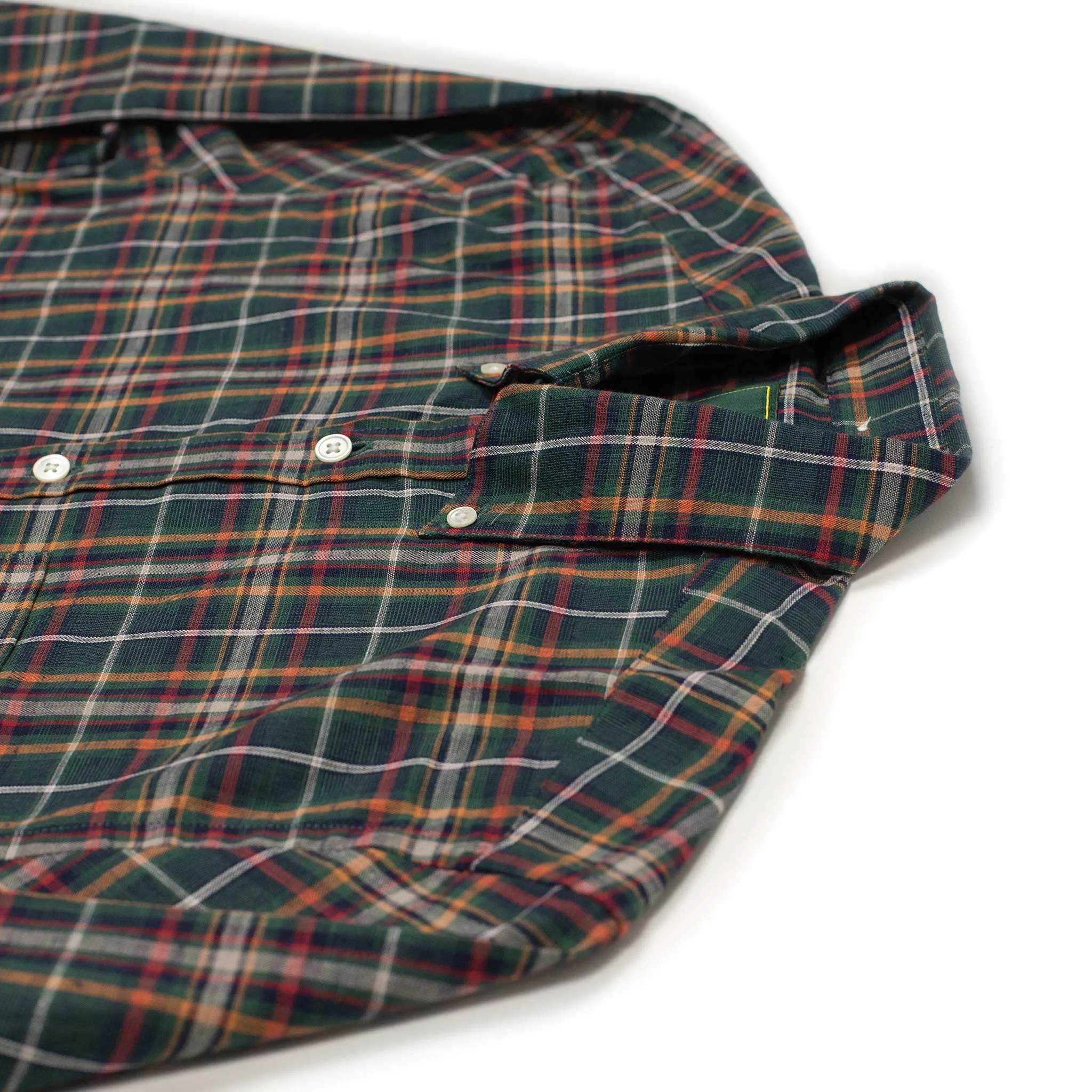 Spring Plaid buttoned collar shirt green, navy, and orange cotton plaid