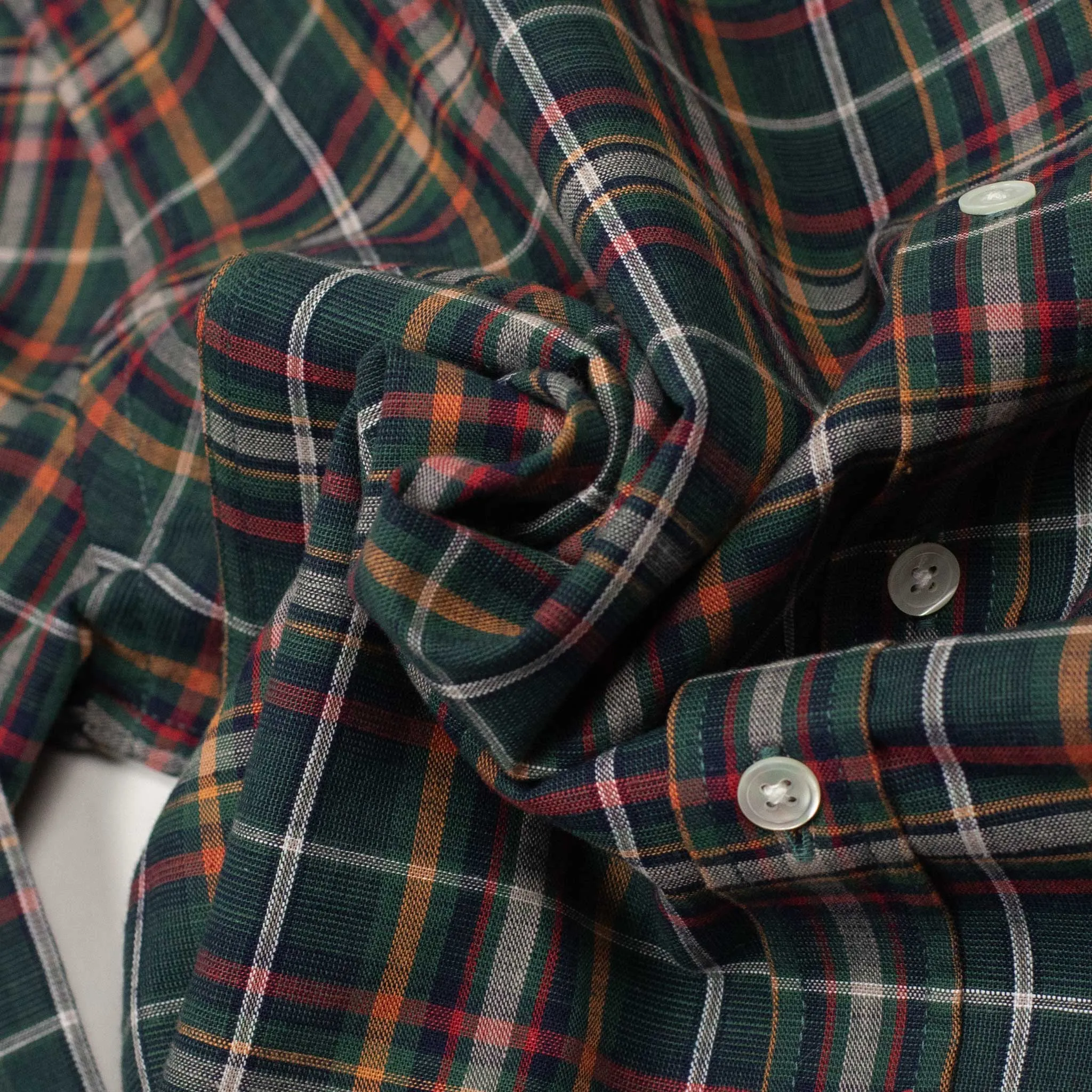 Spring Plaid buttoned collar shirt green, navy, and orange cotton plaid