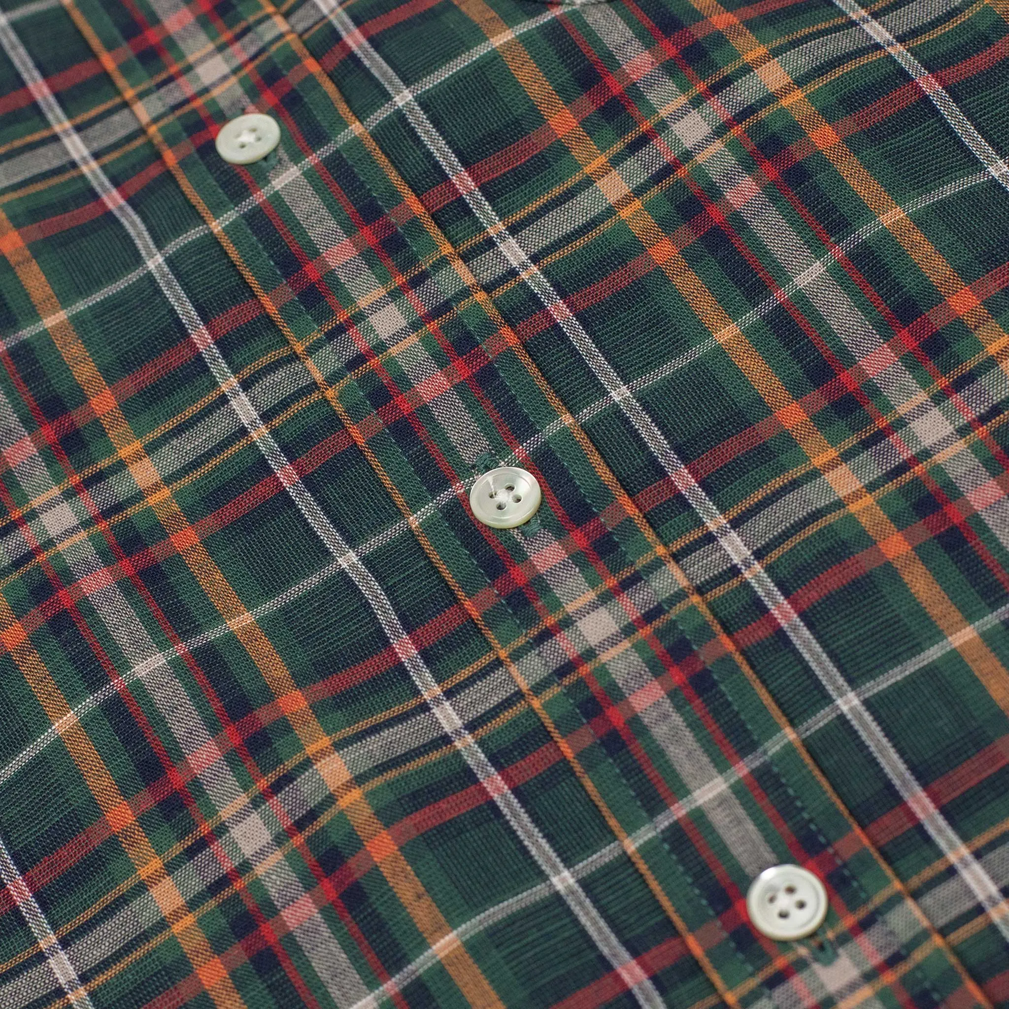 Spring Plaid buttoned collar shirt green, navy, and orange cotton plaid