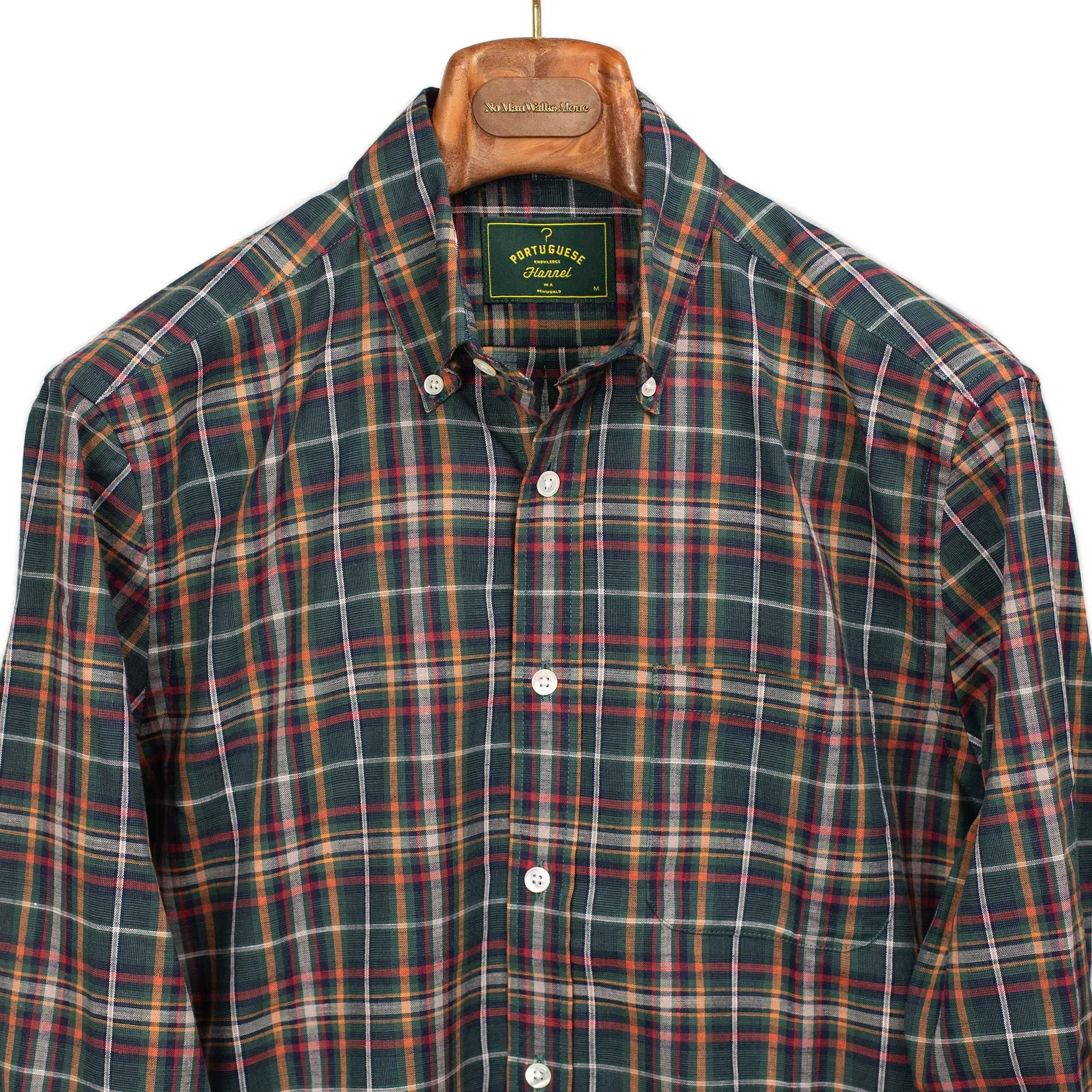 Spring Plaid buttoned collar shirt green, navy, and orange cotton plaid