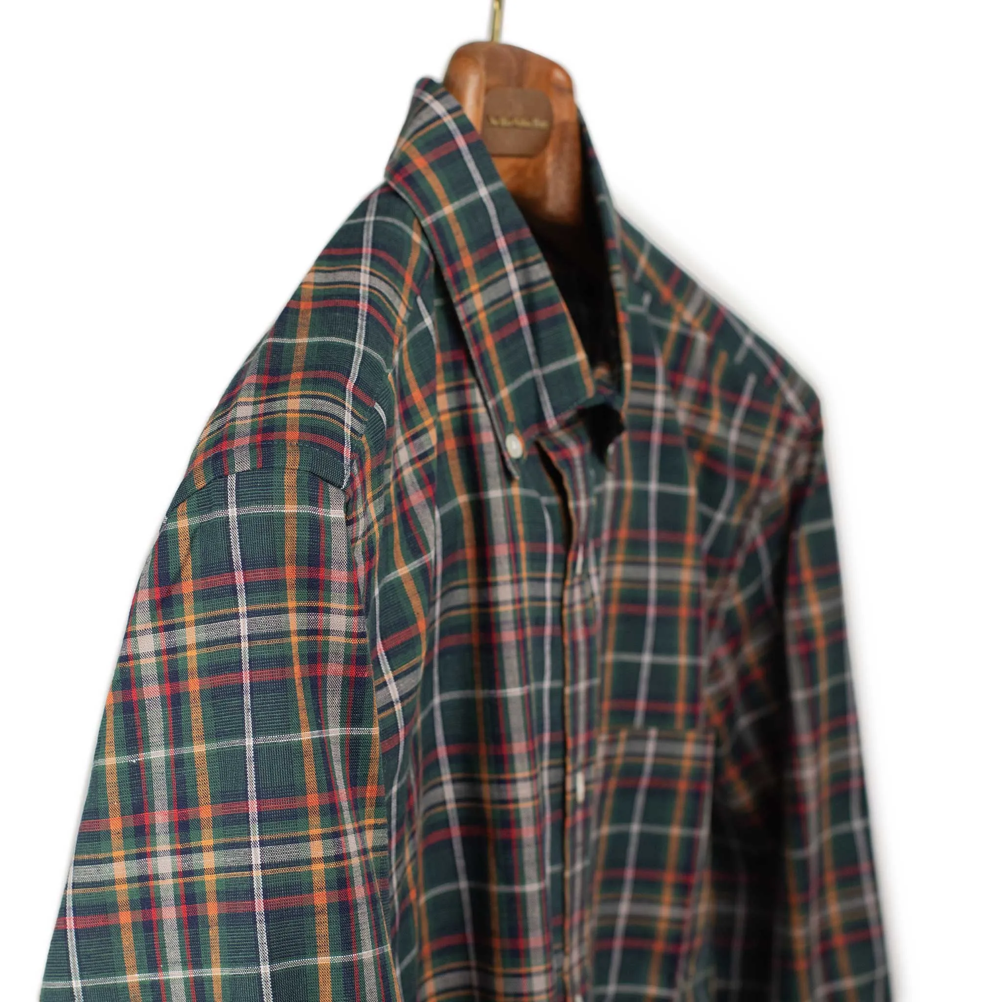Spring Plaid buttoned collar shirt green, navy, and orange cotton plaid