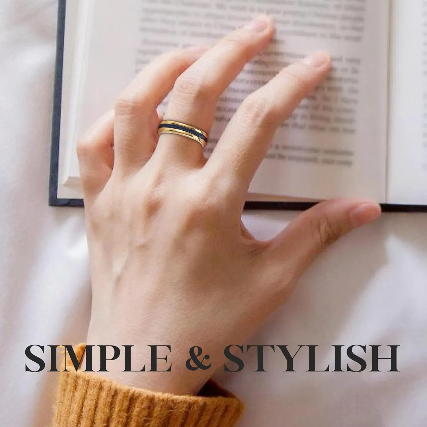 Stainless Steel Rings with Blue Rope Inlay - 6mm Wide, Elegant Unisex Wedding Band Dual-Tone Options in Gold and Silver, Symbol of Love and Unity
