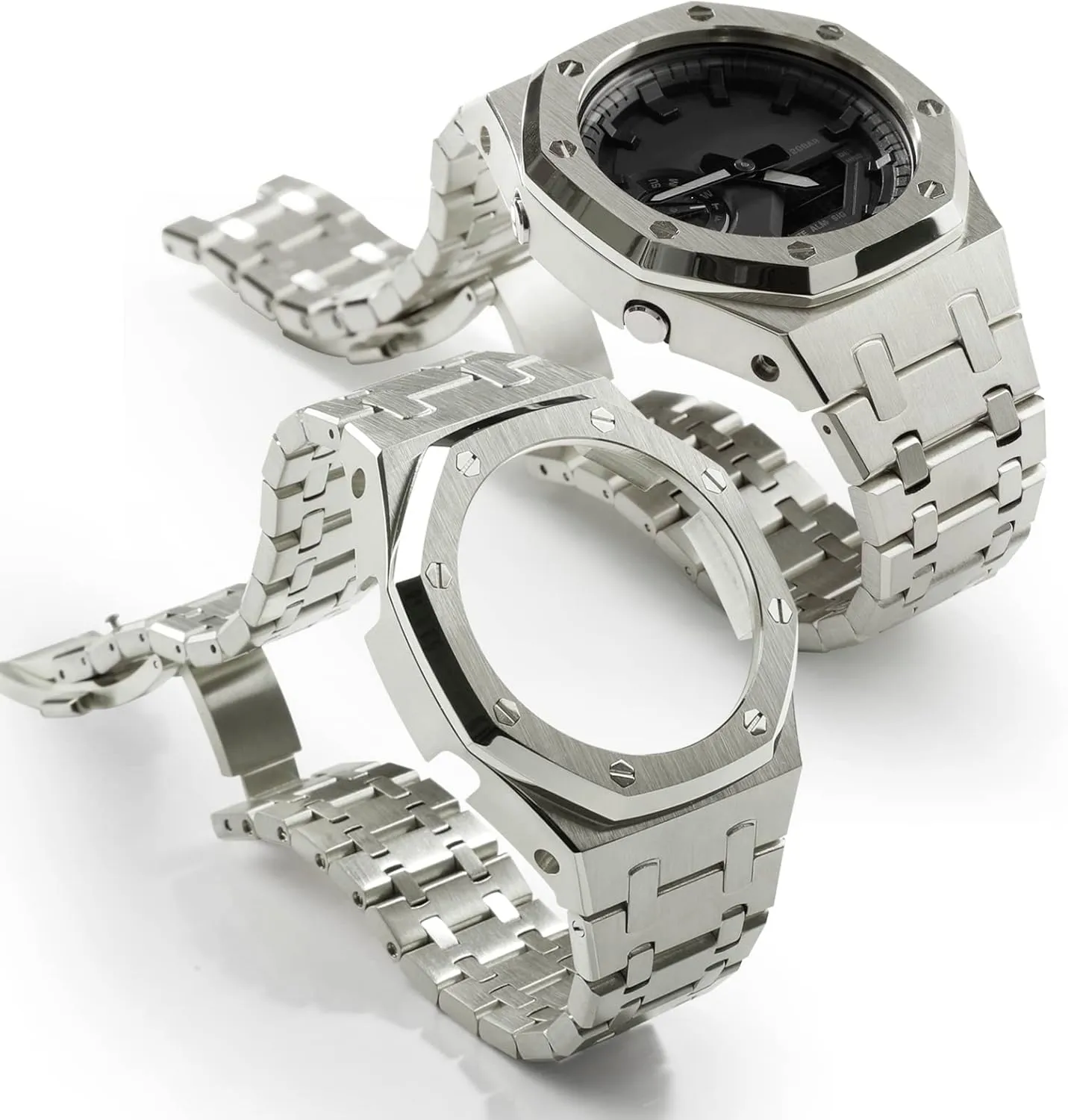 Stainless Steel Watch Bezel and Metal Band with Rubber Strap - Compatible with GA-2100/GA-2110/GA-B2100