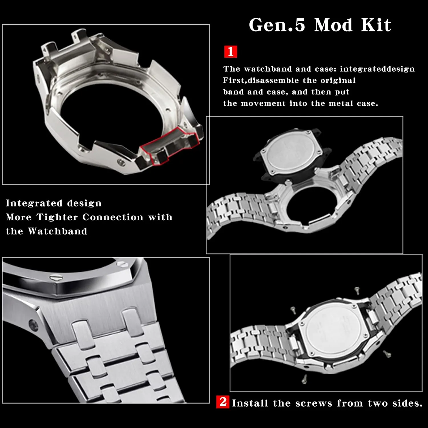 Stainless Steel Watch Bezel and Metal Band with Rubber Strap - Compatible with GA-2100/GA-2110/GA-B2100