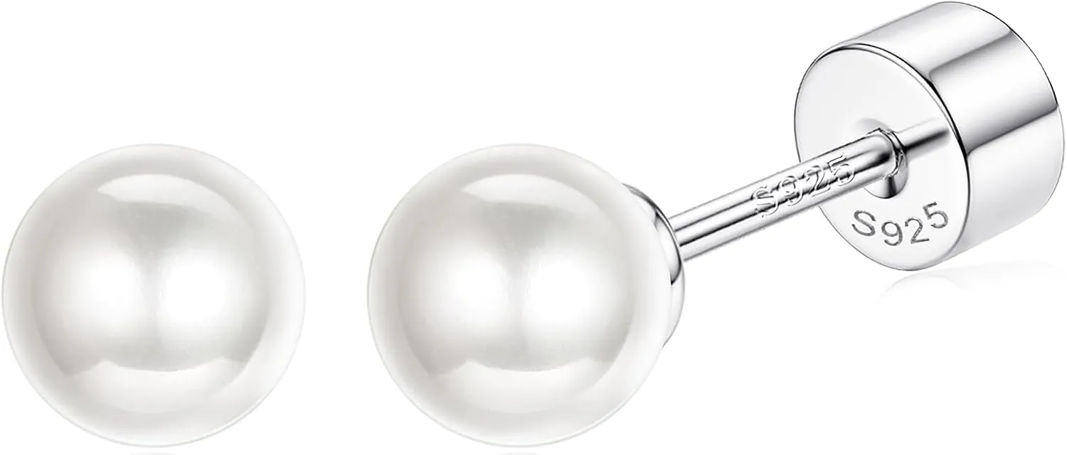 Sterling Silver Pearl Earrings for Women 18K Gold Plated Small Pearl Stud Earrings White Pearl Flat Back Earrings Brides Bridesmaids Wedding Earrings Jewelry