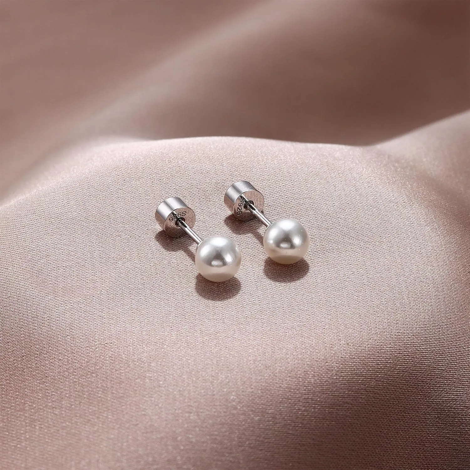 Sterling Silver Pearl Earrings for Women 18K Gold Plated Small Pearl Stud Earrings White Pearl Flat Back Earrings Brides Bridesmaids Wedding Earrings Jewelry