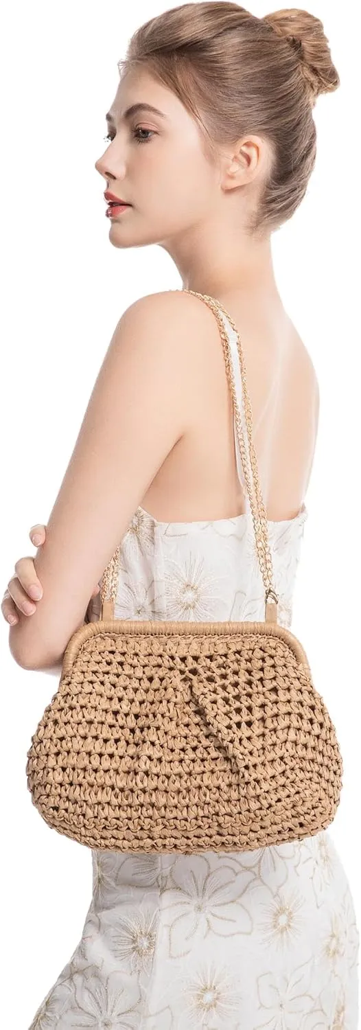 Straw Bag for Women Straw Clutch Purse Summer Beach Bag Woven Shoulder Crossbody Bag