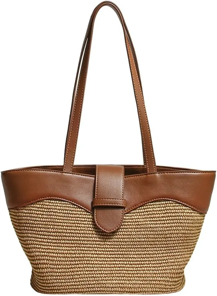 Straw Beach Bags Large Beach Tote Bag for Women Vegan Leather Shoulder Purse Summer Woven Straw Bag Handbag 2024