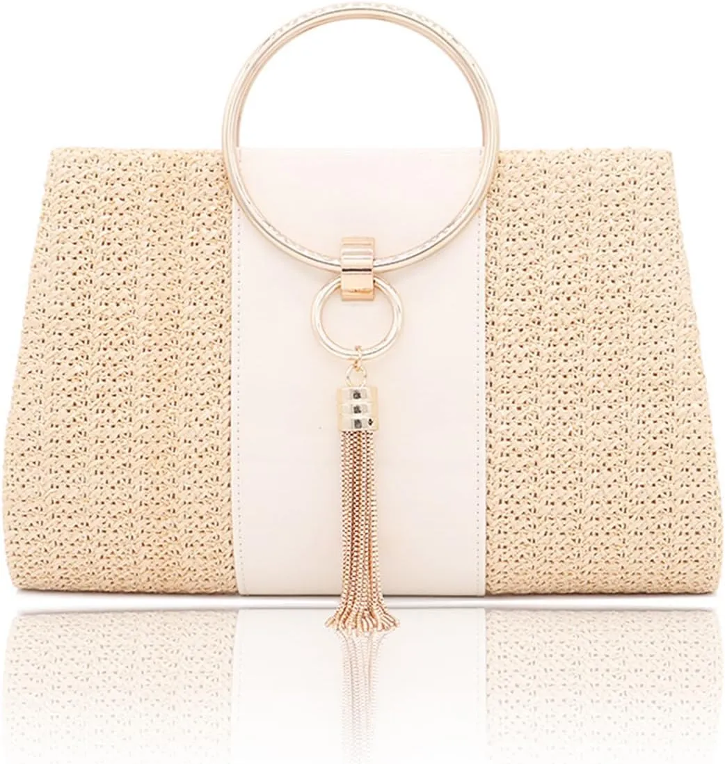 Straw Evening Bag for Women Handwoven Clutch with Tassel Bridal Wedding Purse Elegant Fringed Handbag