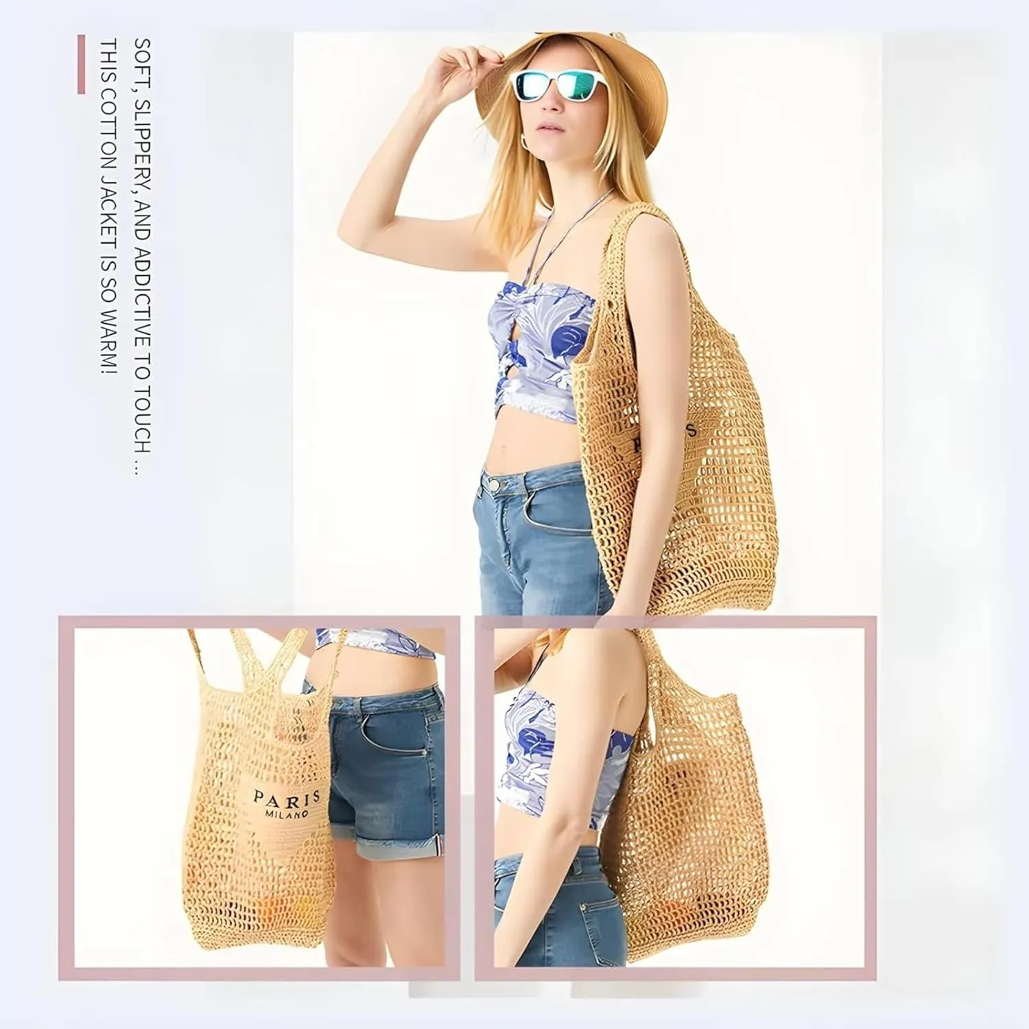 Straw Woven Bag Womens Beach Bag Fashion Crochet Shoulder Bag Hobo Bag Foldable Tote Bag for Holiday Picnic