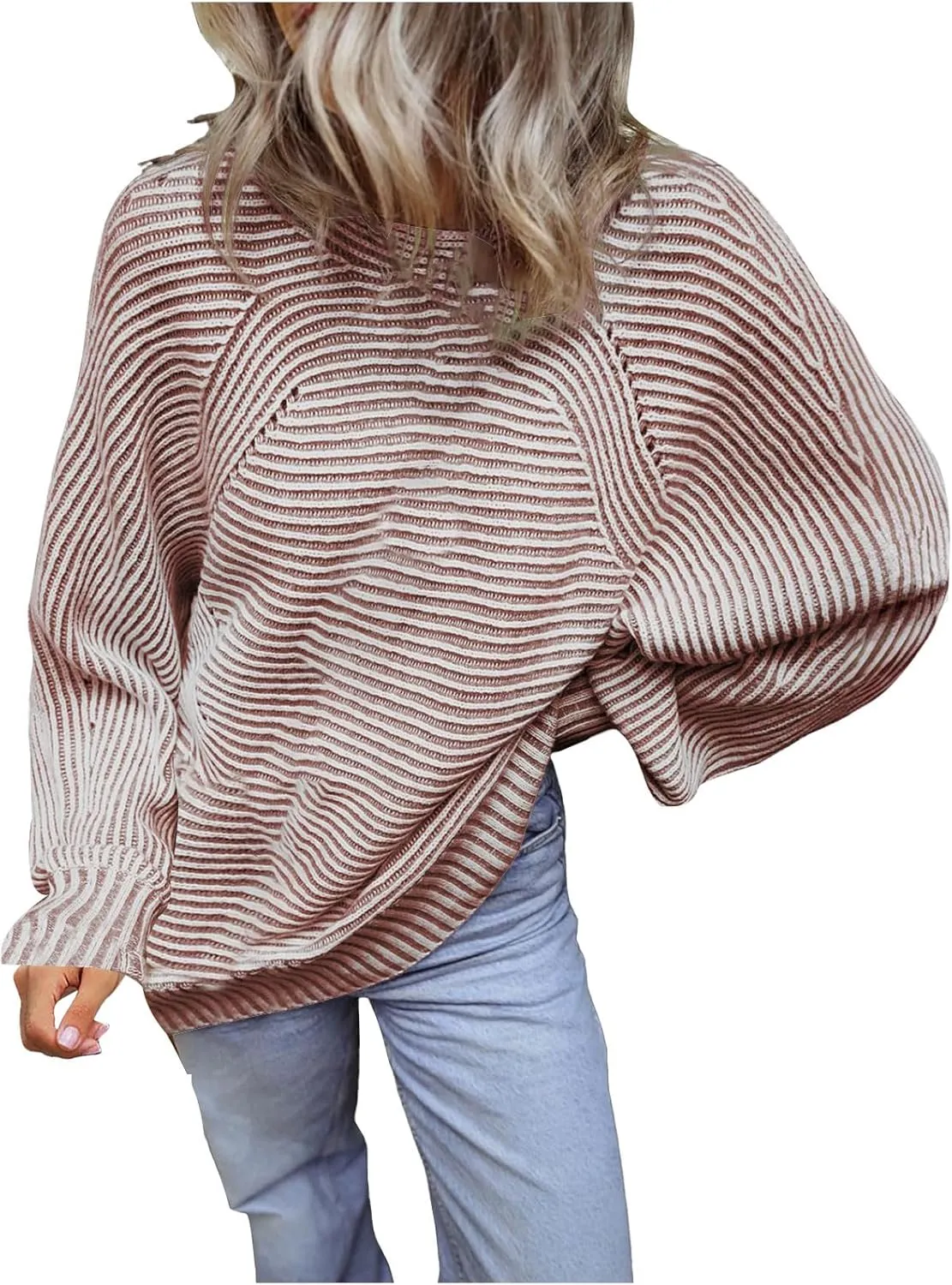 Striped Ribbed Knit Pullover Sweaters for Women Oversize Long Sleeves Loose Casual Sweater Winter Knitted Tops