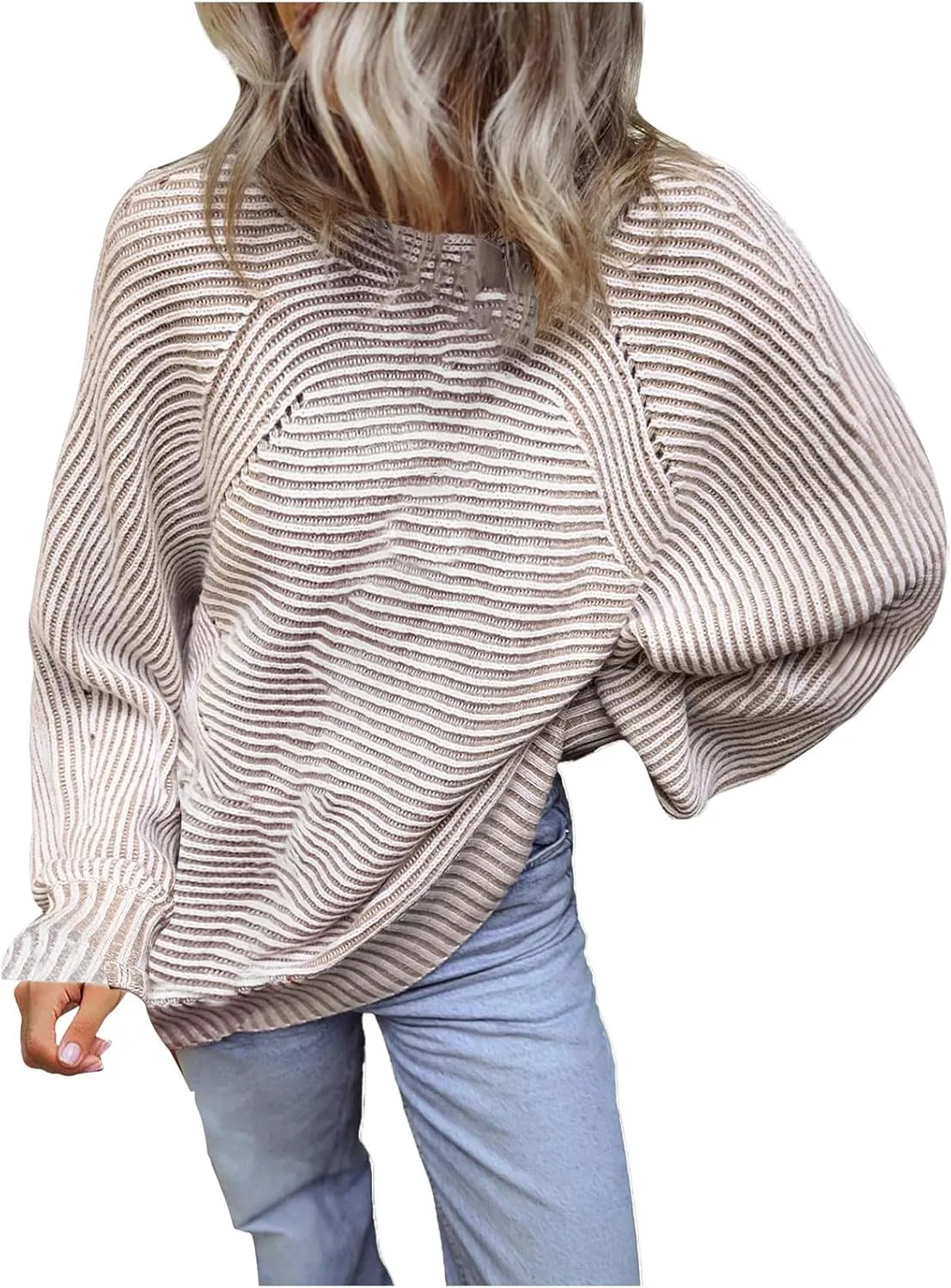 Striped Ribbed Knit Pullover Sweaters for Women Oversize Long Sleeves Loose Casual Sweater Winter Knitted Tops