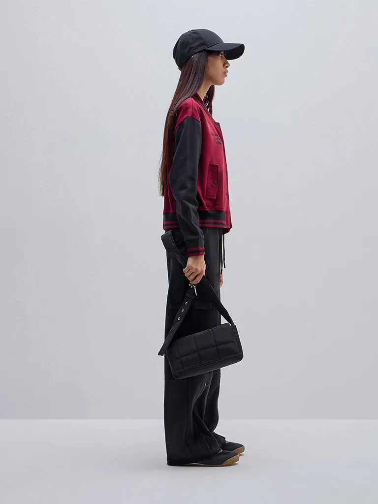 Studiofit Maroon Colour-Blocked Varsity Jacket