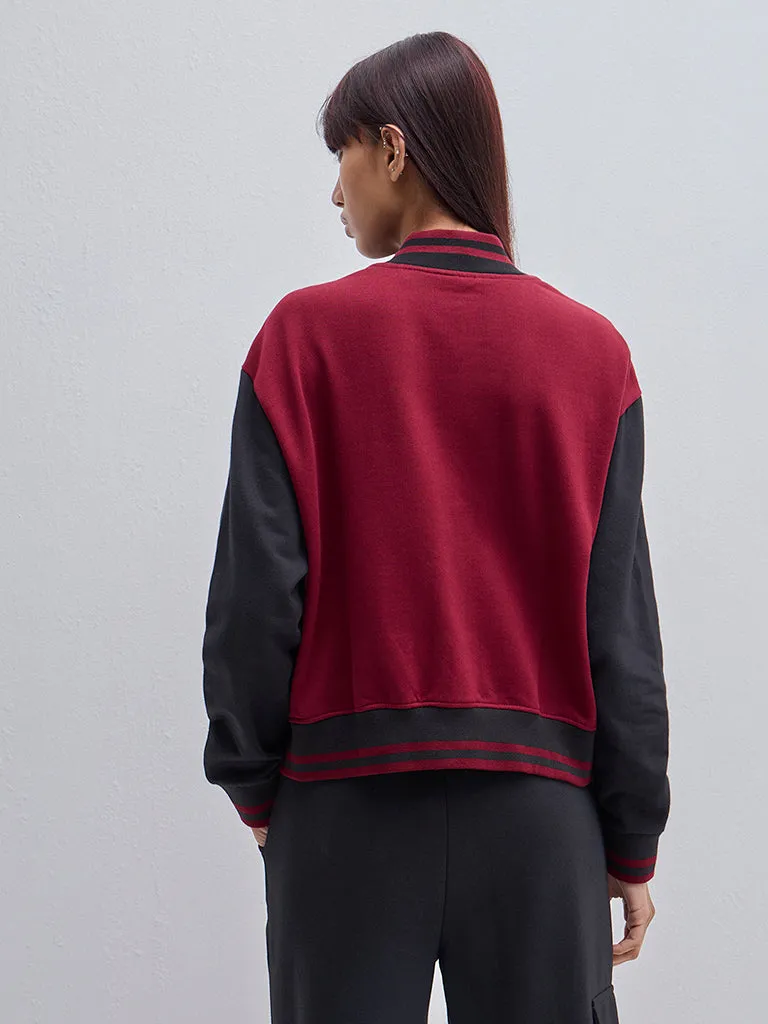 Studiofit Maroon Colour-Blocked Varsity Jacket