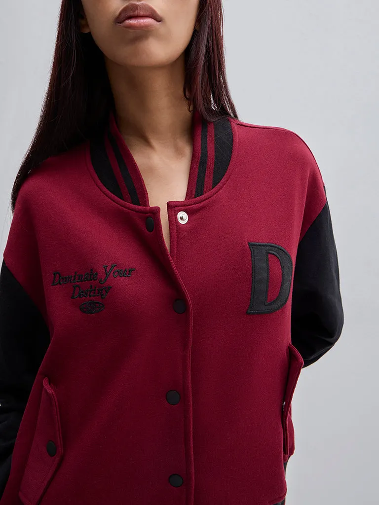Studiofit Maroon Colour-Blocked Varsity Jacket