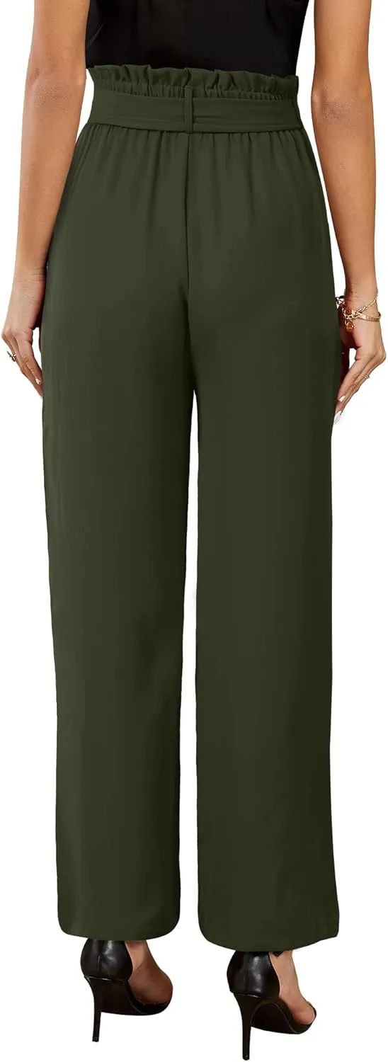 SySea Womens High Waisted Leopard Print Palazzo Pants Belted Wide Leg Long Trousers with Pockets