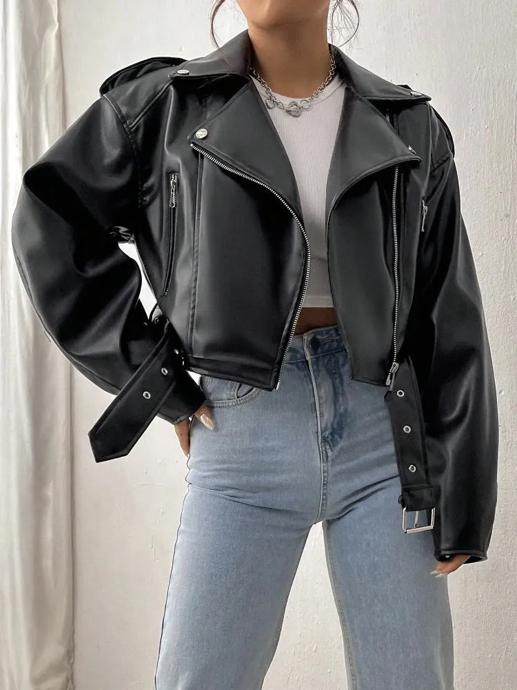 Toleet-Winter and Autumn Outfits Christmas/Thanksgiving_Spring Autumn Casual Lapel Zipper PU Leather High Street Motorcycle Jacket
