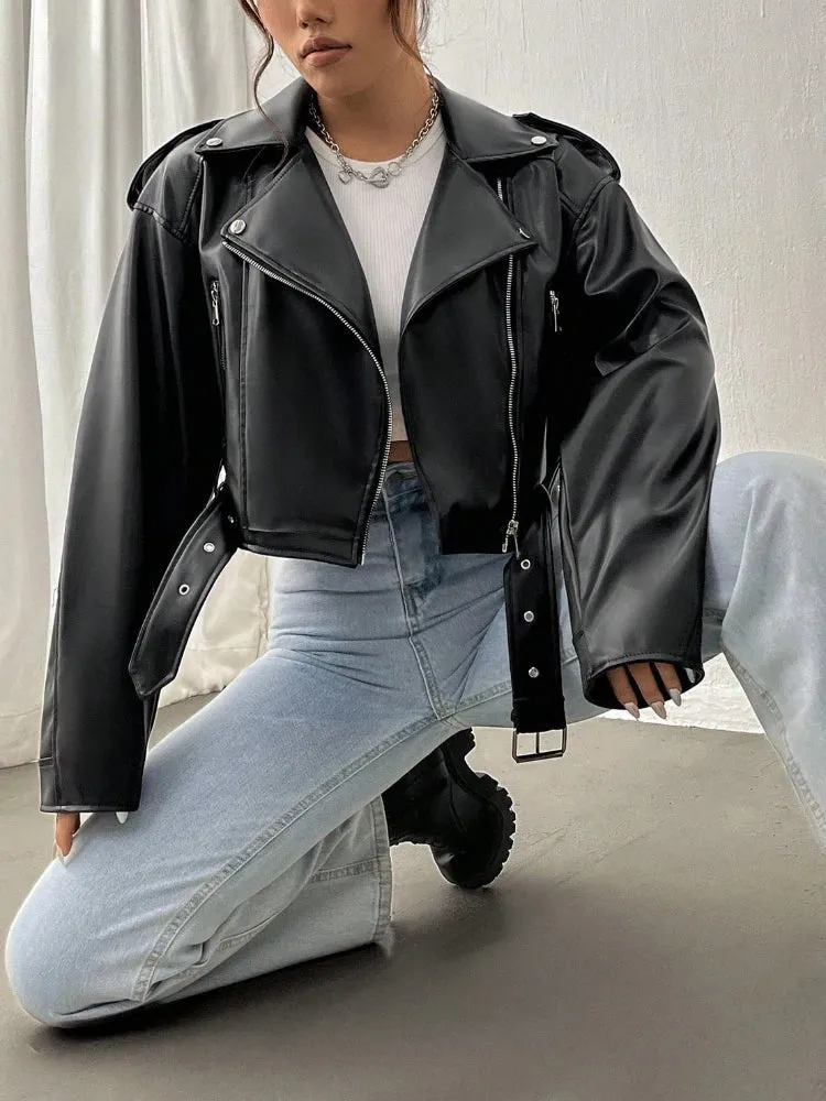 Toleet-Winter and Autumn Outfits Christmas/Thanksgiving_Spring Autumn Casual Lapel Zipper PU Leather High Street Motorcycle Jacket