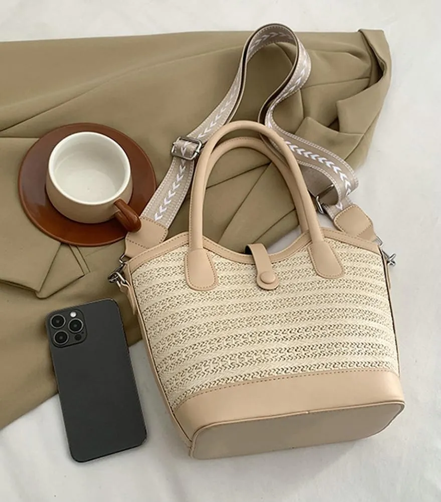 Top Handle Bag Straw Crossbody Bags for Women Trendy Straw Tote Bucket Purse with Wide Strap Summer Purse for Beach Vacation