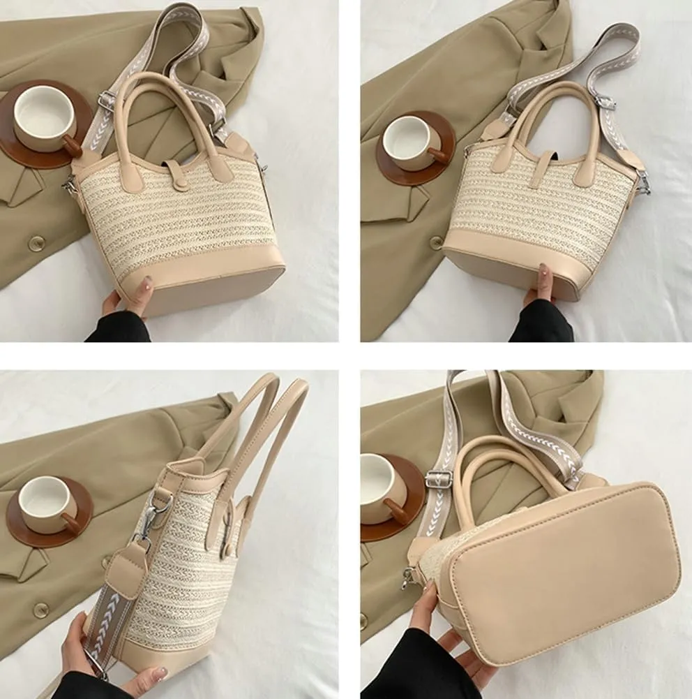 Top Handle Bag Straw Crossbody Bags for Women Trendy Straw Tote Bucket Purse with Wide Strap Summer Purse for Beach Vacation