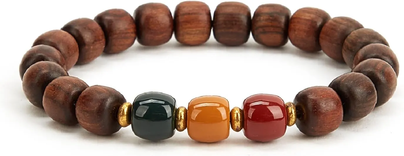 Traffic Light Gemstones Paired with Rosewood Beads Bracelet - Red, Yellow, Green Gemstones for Prosperity, Attract Abundance, Good Luck Feng Shui, Spiritual Mood Energy Protection